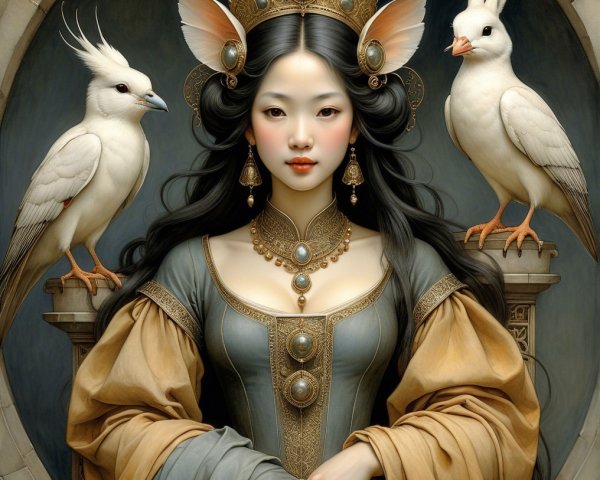 Regal Young Woman in Elegant Gown with Ethereal Birds