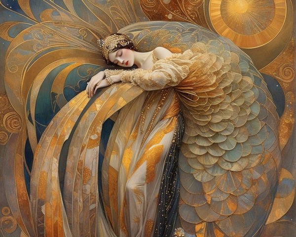 Serene Woman in Flowing Fabric with Radiant Background