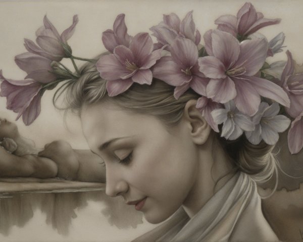 Serene Young Woman with Pink Flower Crown and Abstract Background