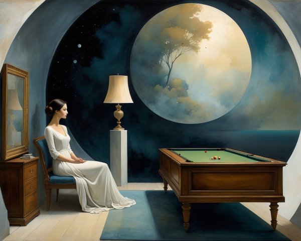 Serene Woman by Pool Table in Dreamlike Setting