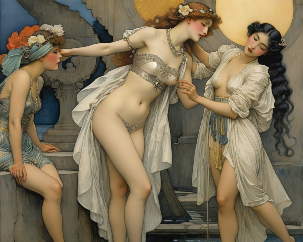 Three Elegant Women in a Mythological Setting