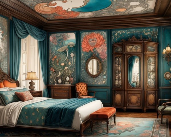 Opulent Room Design with Floral Patterns and Teal Accents