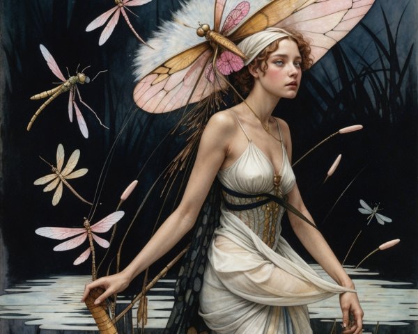 Ethereal Figure by Tranquil Water Under Starry Sky