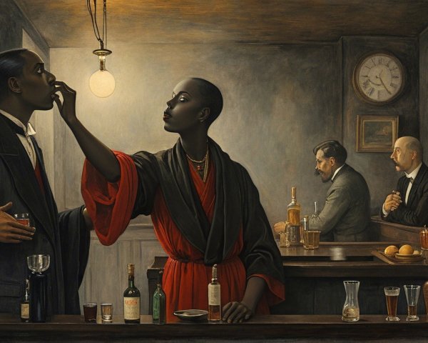 Intimate Bar Scene with Woman in Red Robe Feeding Man
