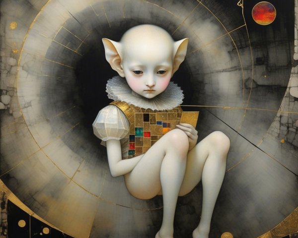 Surreal figure in golden outfit with celestial backdrop