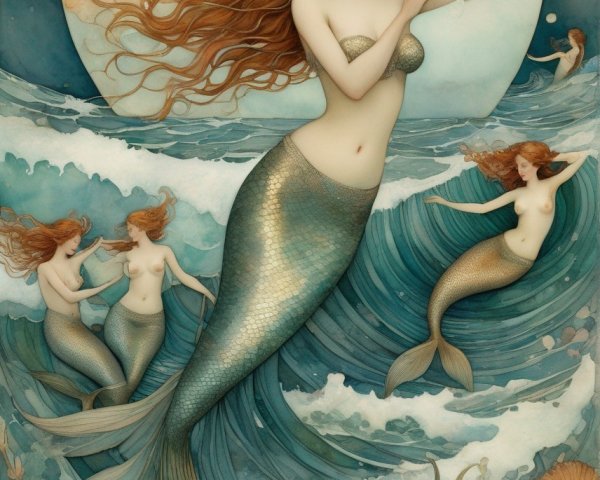 Redhead mermaid with two companions under moonlit ocean scene