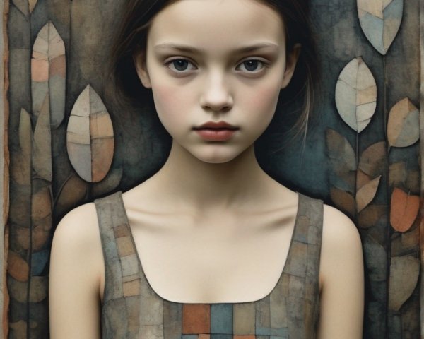 Young girl portrait with solemn expression framed by stylized leaves on textured background.