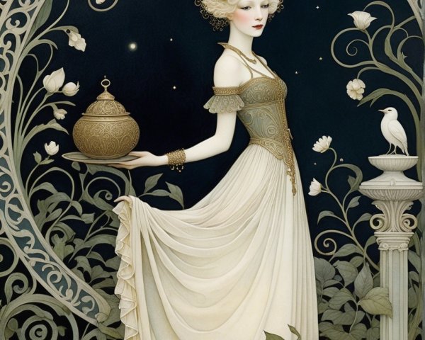 Elegant Woman in Intricate Gown with Decorative Pot
