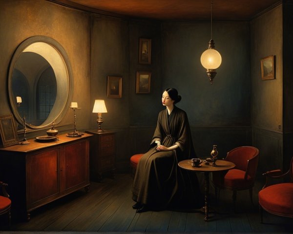 Serene Interior Scene with Woman in Traditional Attire