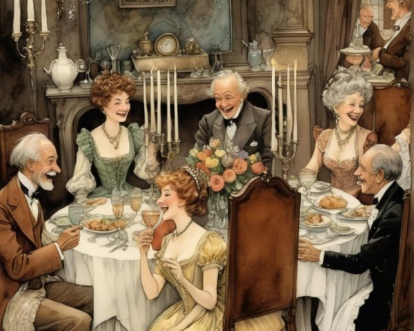 Elegant Victorian Dinner Scene with Guests and Decor