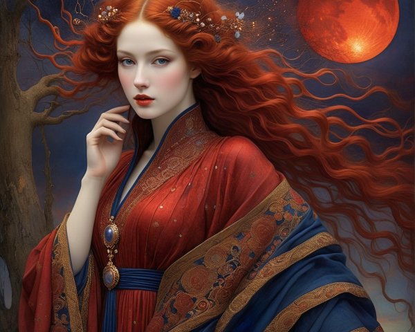 Woman with Red Hair and Floral Crown Under Blood Moon