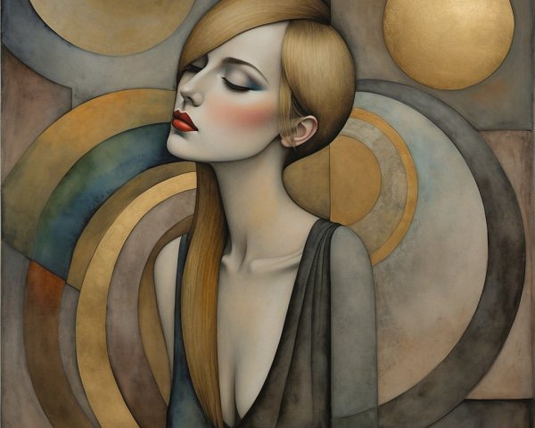 Serene Woman with Geometric Shapes and Earthy Tones