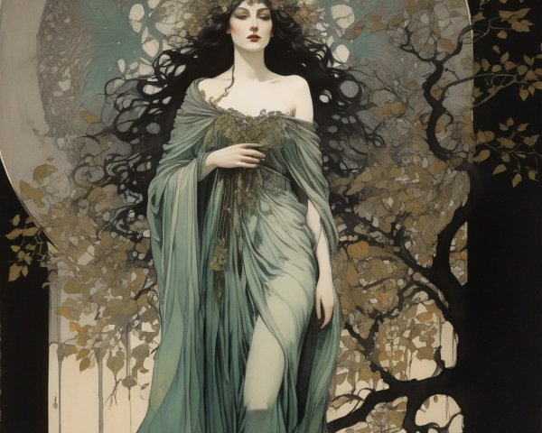 Art Nouveau Woman Illustration in Green Gown
