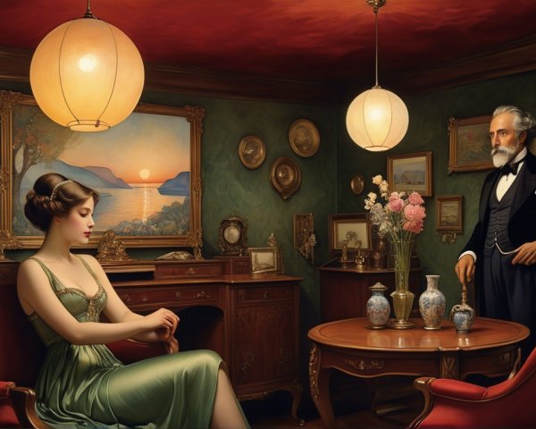Victorian Parlor Scene with Elegant Woman and Gentleman