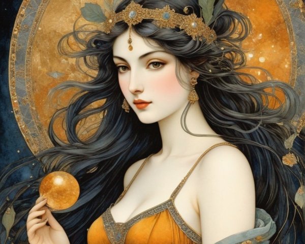 Elegant Woman in Orange Gown with Glowing Orb