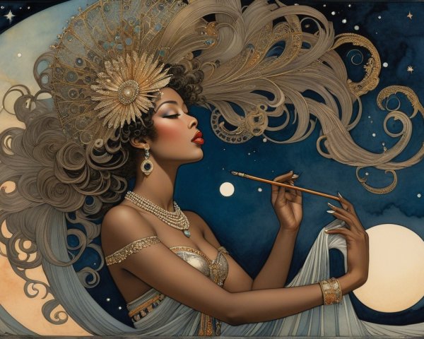 Striking Woman in Jewelry Against Night Sky Background