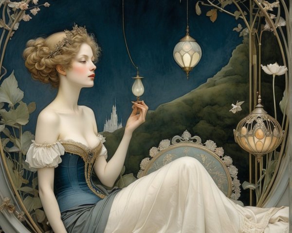 Serene Young Woman in Ornate Floral Alcove