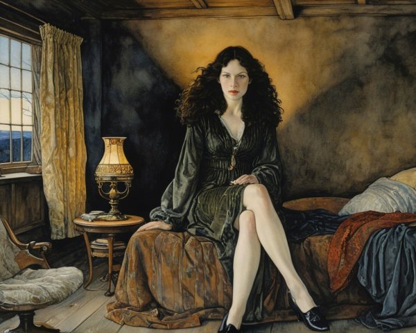 Elegant Woman in Green Dress in Cozy Room Setting