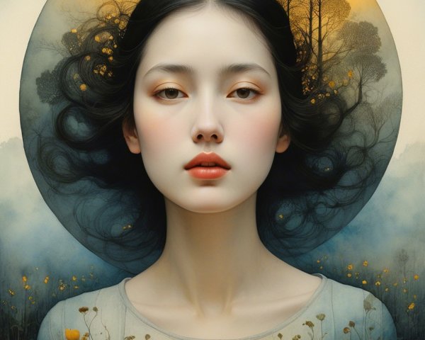 Portrait of a Young Woman with Moonlit Background