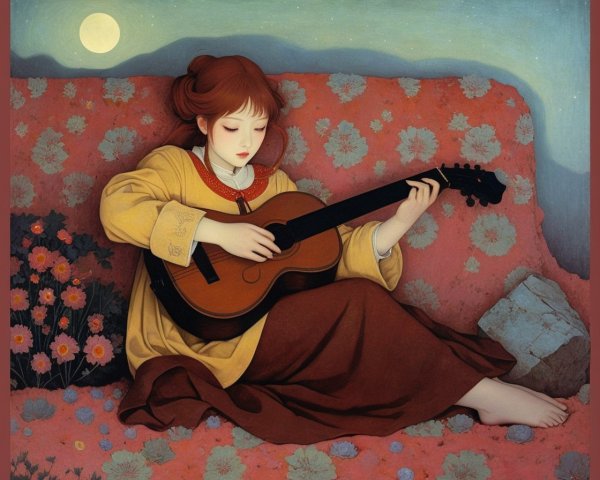 Young girl in yellow dress playing guitar at night