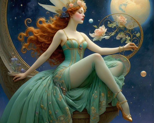 Ethereal Figure in Mint-Green Gown Against Celestial Scene