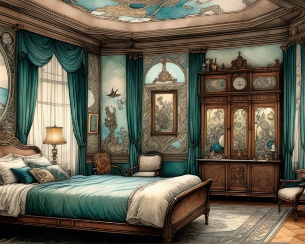 Elegant Vintage Bedroom with Coastal Murals and Drapes