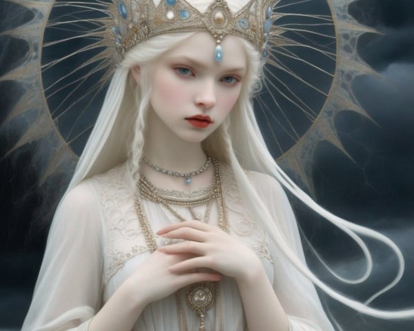 Ethereal pale woman with white hair and crown in regal pose against moody backdrop