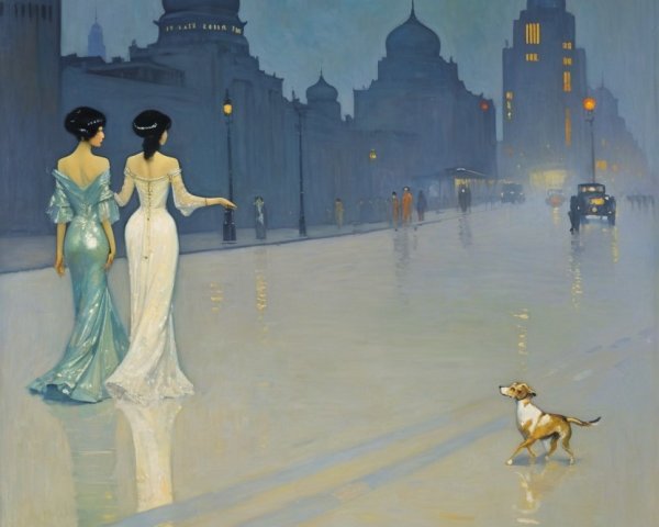 Misty Cityscape with Women in Vintage Gowns at Dusk