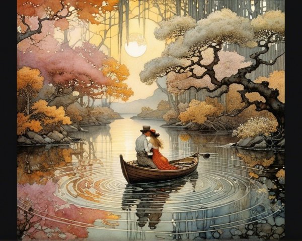 Couple in Boat on Autumn Lake at Sunset
