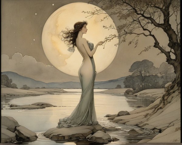 Graceful Woman by Serene River Under Full Moon