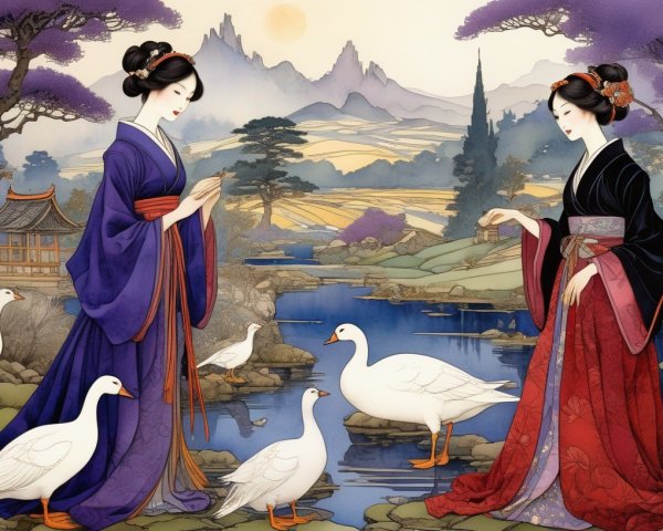 Women in Kimonos by Pond with Geese and Mountains