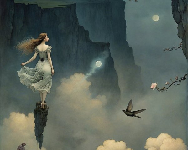 Young woman in white dress on rocky precipice landscape