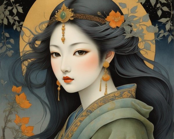 Serene Woman with Black Hair and Floral Accents