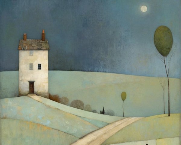 Serene Landscape with White House and Moonlit Sky