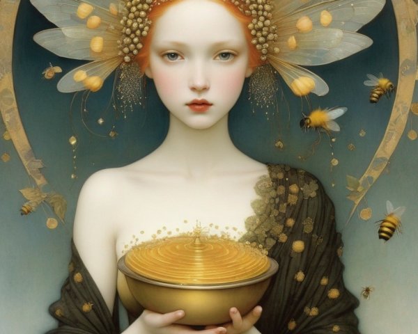 Red-haired fairy with wings surrounded by bees and flowers holding a golden bowl