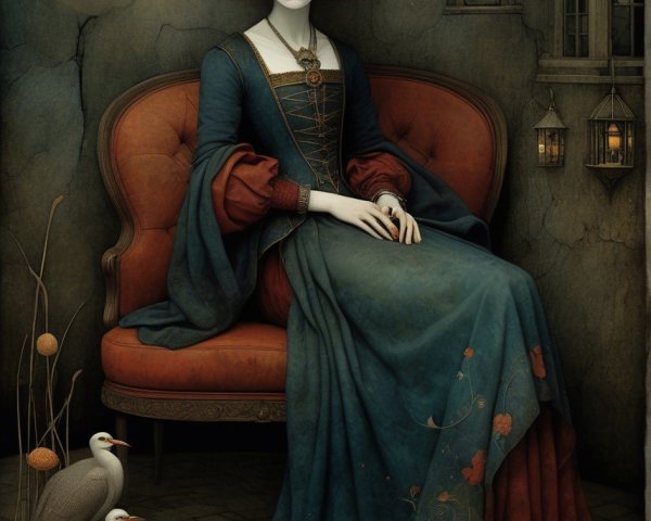 Serene Woman with Red Hair on Vintage Sofa at Night