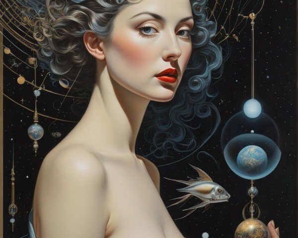 Woman in Shimmering Dress Against Starry Background