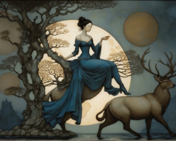 Woman in Blue Gown on Stag Under Luminous Moon