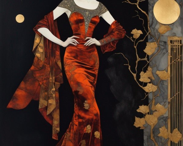Elegant Woman in Red Dress with Art Deco Elements