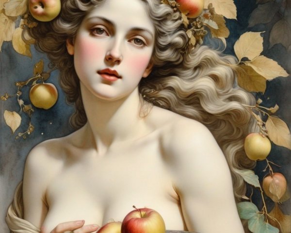 Portrait of woman with leaf and apple crown holding fruit plate, foliage background.