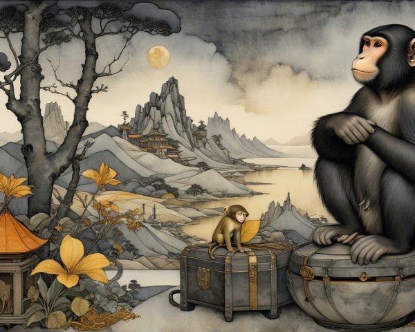 Monkeys in Serene Landscape with Mountains and Flowers