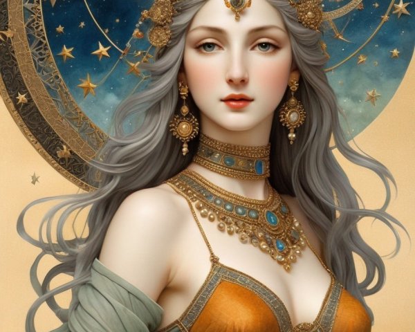 Adorned Woman with Silver Hair and Celestial Background