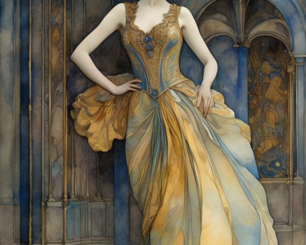 Elegant woman in vintage dress in grand gothic hall with blue and gold tones