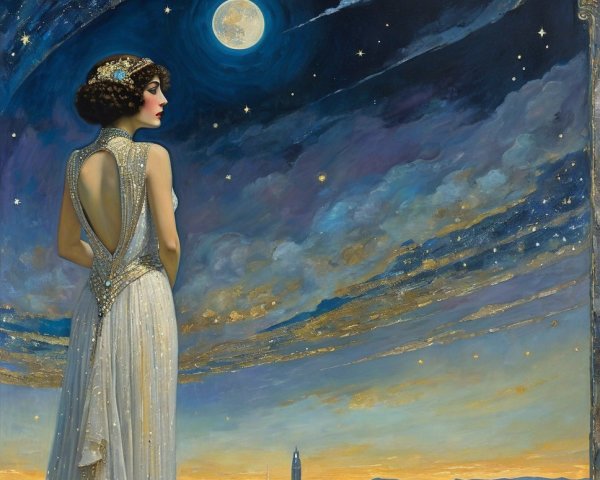 Glamorous Woman in Backless Gown Over City Skyline