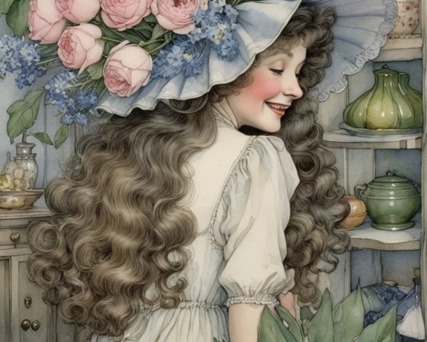 Cheerful girl with roses in a cozy, lush setting