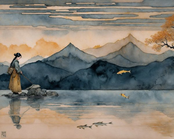 Tranquil Landscape with Figure by a Reflective Lake