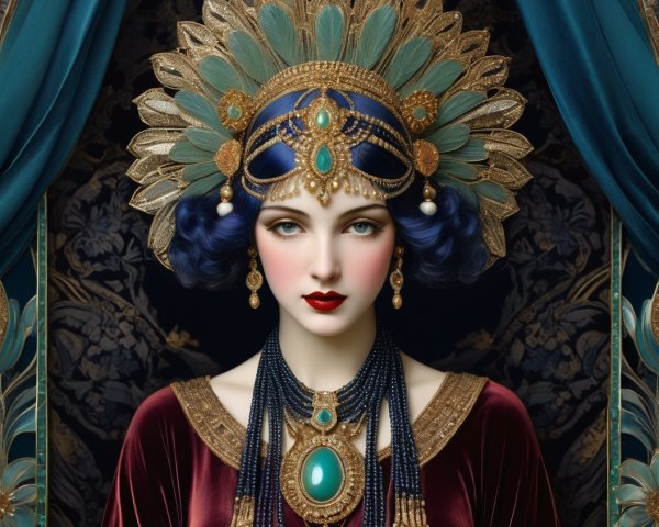 Woman with blue hair in ornate gold and teal headdress