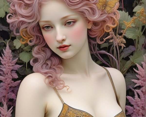 Woman with Pink Curly Hair and Butterflies in Foliage