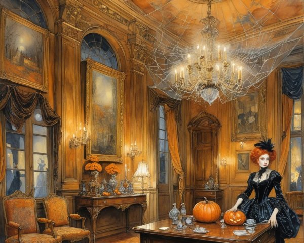 Cozy Eerie Room with Elegant Decor and Pumpkins