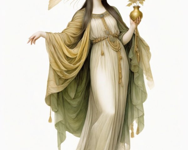 Classical painting of graceful woman in flowing gown and laurel wreath.